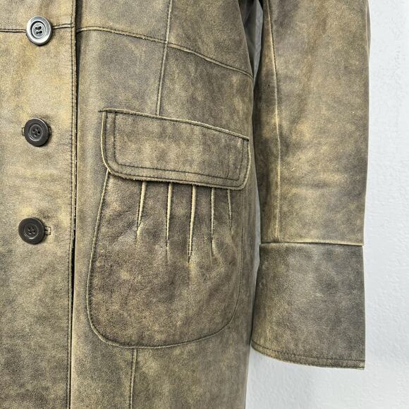 Vintage 90s Distressed Style Leather Trench Coat Button Front Size Medium - Picture 7 of 8